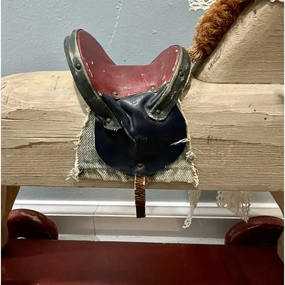 Antique Primitive Folk Art Wooden Horse Pull Toy on Wheels Leather Saddle 22”